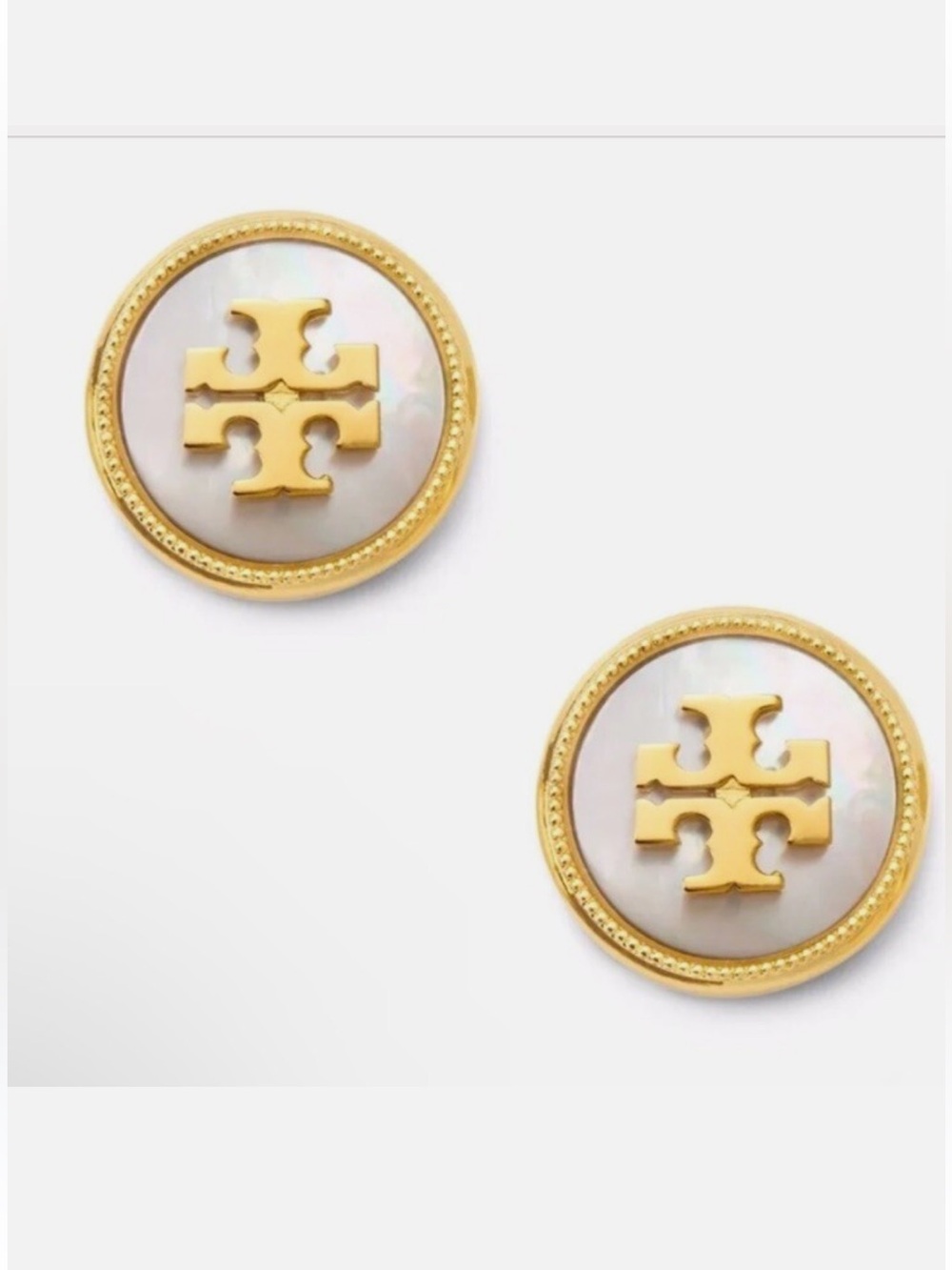 Auth NEW Tory Burch Semi Precious White Mother Pearl Round Button Stud Earring